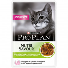 Влажный корм для кошек Pro Plan Nutrisavour Delicate, при чувствительном пищеварении, беззерновой, с ягненком, 85 г (кусочки в соусе)
