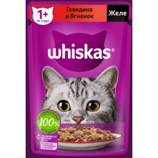 Влажный корм для взрослых кошек от 1 года Whiskas, с ягненком, с говядиной, кусочки в желе, 75 г 