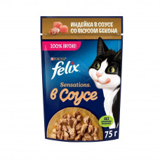 Влажный корм для взрослых кошек Felix Sensations, с индейкой в соусе со вкусом бекона, 75 г