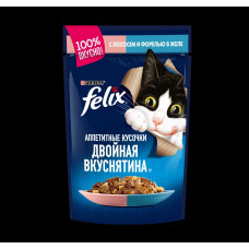 Влажный корм для взрослых кошек Felix® Аппетитные кусочки Двойная вкуснятина, с лососем и форелью в желе, пауч, 75 г