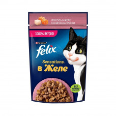 Влажный корм для взрослых кошек Felix Sensations, с лососем в желе, с добавлением трески, 75 г